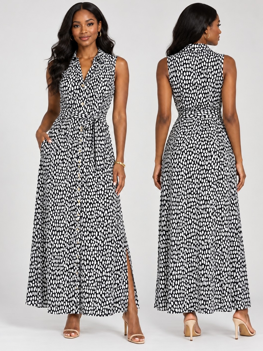 Talbots Petites Black White Print Sleeveless Maxi Shirt Dress MP Belted